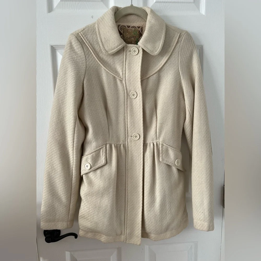 Billabong Women Medium Ivory LS Pea Coat Jacket Wool Blend Lined EmbroideredLogo